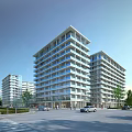 Modern Office Building Architecture With Glass Curtain Walls Parking Area And Surrounding Trees