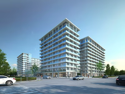 Modern Office Building Architecture With Glass Curtain Walls Parking Area And Surrounding Trees 3d model