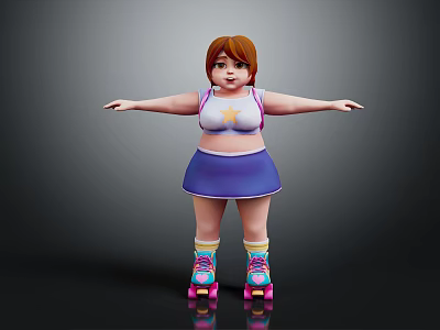 3D Cartoon Girl Character With Arms Outstretched Star Pattern Vest Purple Skirt Roller Skates 3d model