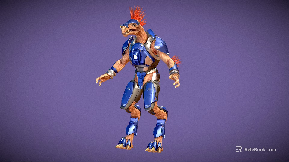 3D Humanoid Character in Blue Armor With Red Feather Headpiece and Number 4 3d model 