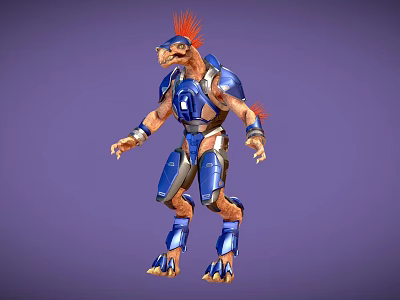 3D Humanoid Character in Blue Armor With Red Feather Headpiece and Number 4 3d model