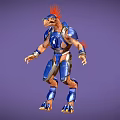 3D Humanoid Character in Blue Armor With Red Feather Headpiece and Number 4
