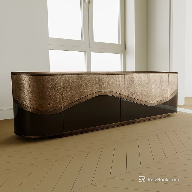 Sleek Modern Decorative Cabinet with Gold Black Wavy Texture in Bright Wooden Floor Room 3d model 