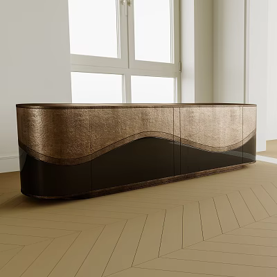 Sleek Modern Decorative Cabinet with Gold Black Wavy Texture in Bright Wooden Floor Room 3d model