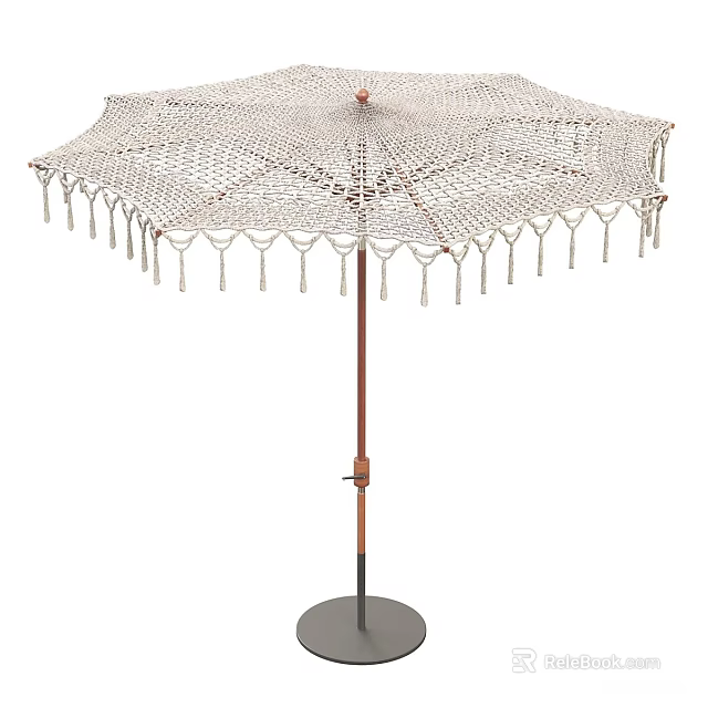 Woven Outdoor Sunshade With Tassel Fringe Wooden Pole And Round Base 3d model 
