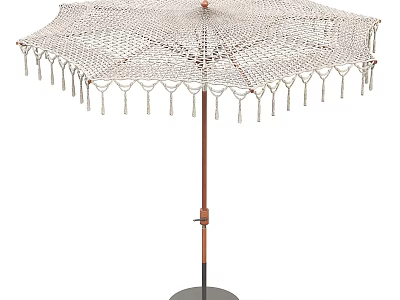 Woven Outdoor Sunshade With Tassel Fringe Wooden Pole And Round Base 3d model