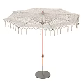 Woven Outdoor Sunshade With Tassel Fringe Wooden Pole And Round Base
