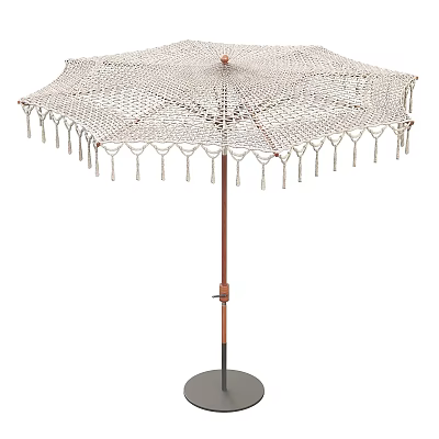 Woven Outdoor Sunshade With Tassel Fringe Wooden Pole And Round Base 3d model