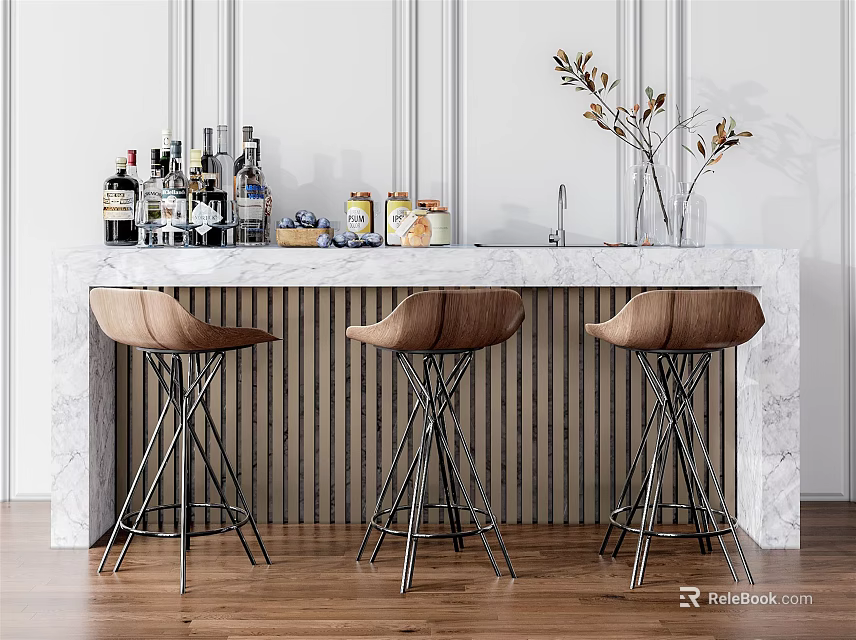 Stylish Bar With Marble Countertop Wine Bottles Decorations And Brown Bar Stools On Wooden Floor 3d model 