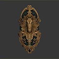 Ornate Bronze Green Shield Featuring Lion Head Carving Intricate Patterns And Gemstone Accents