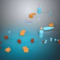Beverage Display With Blue Bottles Red White Striped Straws And Scattered Cookies On Grey Background