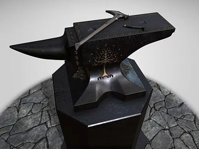 Industrial Anvil With Hammer Decorative Tree Motif And Deer Emblem On Hexagonal Stone Base 3d model