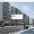 Modern Commercial Street With Multi Storey Buildings Shops And Street Facilities