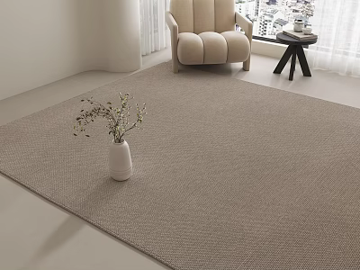 Beige Square Rug with Woven Texture in Minimalist Living Room with Vase and Plants 3d model
