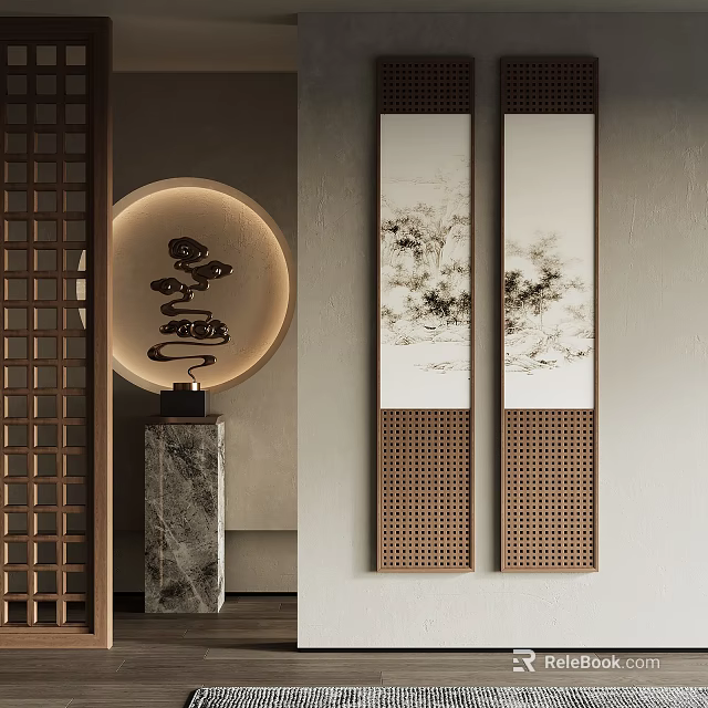 Traditional Chinese Interior Decor With Circular Cloud Lamp And Vertical Paintings 3d model