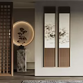Traditional Chinese Interior Decor With Circular Cloud Lamp And Vertical Paintings 3d model