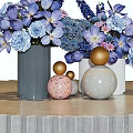 Round Modern Coffee Table With Marble Pattern Gold Base And Purple Blue Flower Vases