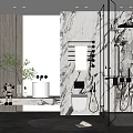 Modern Bathroom Interior With Marble Vanity Large Mirror Open Shower And Plants 3d model