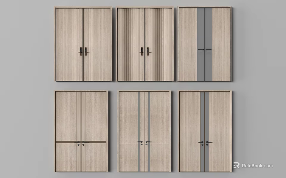 Wooden Double Doors With Various Panel Patterns Vertical Stripes Gray Accents And Handle Styles 3d model 