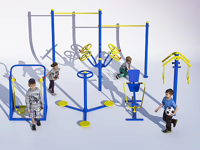 Outdoor Playground Sports Equipment for Kids with Blue Yellow Bars Swings and Spinning Discs 3d model