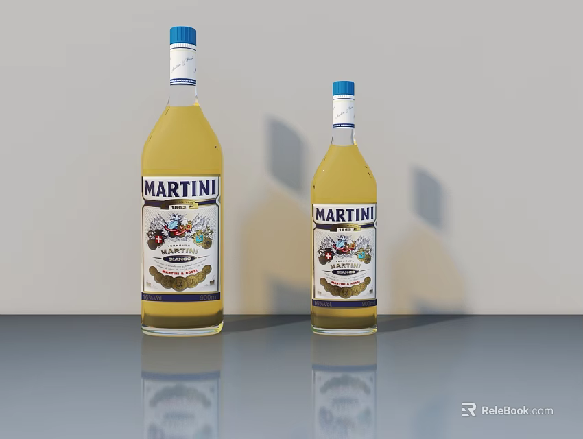 Martini Dry Vermouth Yellow Large And Small Bottles On Smooth Surface With Reflection 3d model 