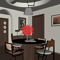 Elegant Restaurant Interior With Arched Doorway Round Dining Table Red Floral Arrangement And Pendant Lamp