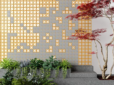 Golden Yellow Geometric Grid Design Feature Wall With Red Maple Tree Green Plants and Steps 3d model