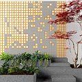 Golden Yellow Geometric Grid Design Feature Wall With Red Maple Tree Green Plants and Steps