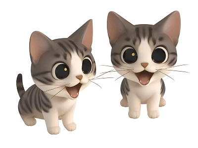 Two Adorable Cartoon Striped Kittens With Big Eyes And Open Mouth Expressions 3d model