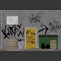 Urban Alleyway Scene With Graffiti Wall Yellow Door Green Trash Bin And Wooden Chairs