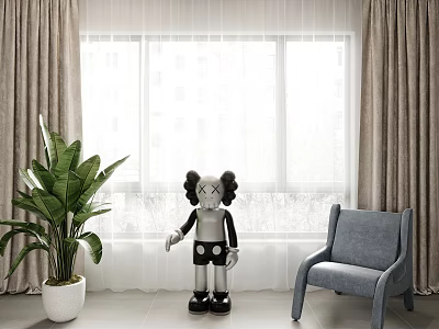 Beige Curtains and White Sheer Panels with Green Plant by Window in Living Room 3d model