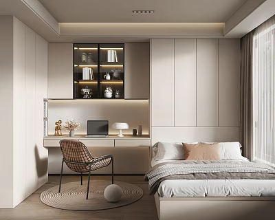 Modern Tatami Bedroom Interior Design With Bed Desk Bookshelf And Window Curtain 3d model