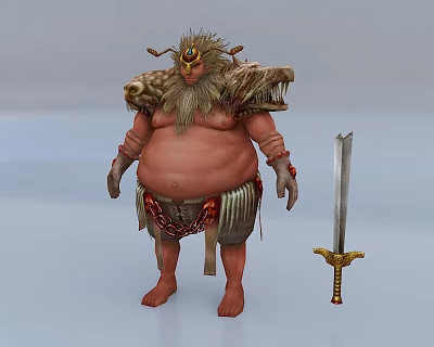 Horned Bearded Plump Game Movie Character With Feathered Armor And Golden Hilt Sword 3d model