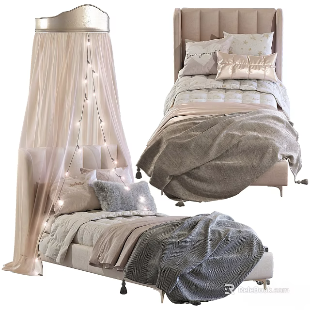 Cozy Kids Bed with Decorative Canopy String Lights Soft Pillows and Blankets 3d model 