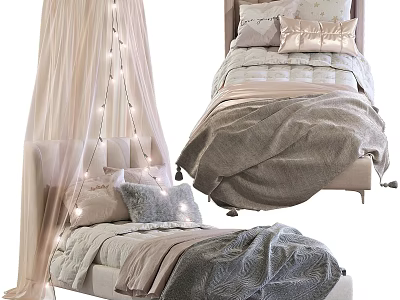 Cozy Kids Bed with Decorative Canopy String Lights Soft Pillows and Blankets 3d model