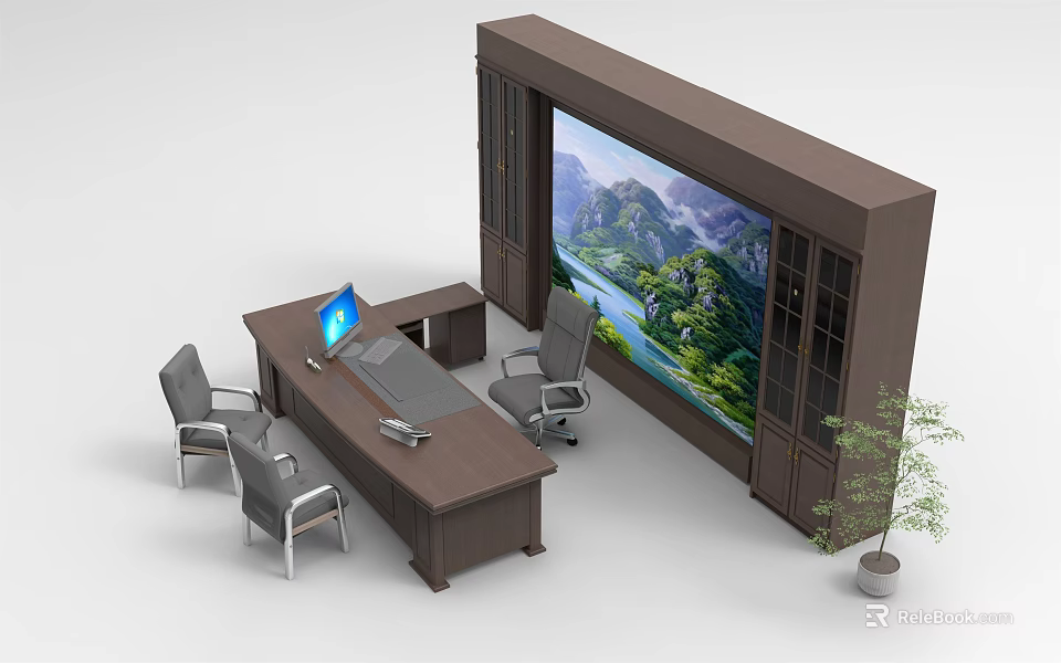 Office Desk Setup With Computer Chairs Large Display Screen Cabinets And Plant 3d model 