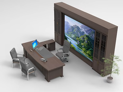 Office Desk Setup With Computer Chairs Large Display Screen Cabinets And Plant 3d model