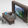 Office Desk Setup With Computer Chairs Large Display Screen Cabinets And Plant