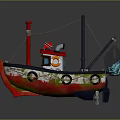 Colorful Toy Fishing Boat Model With Red Chimney Blue Windows And Green Mossy Hull
