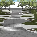 Modern Stairs in Open Park With Green Lawn Trees and Stone Pavement