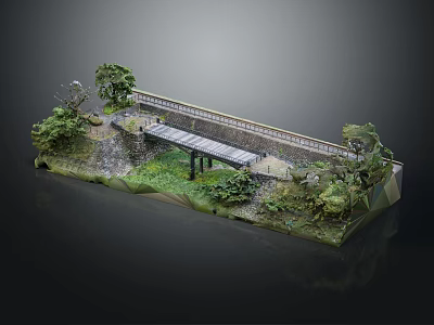 Detailed Landscape Model Scene With Wooden Bridge Green Foliage And Stone Railings 3d model