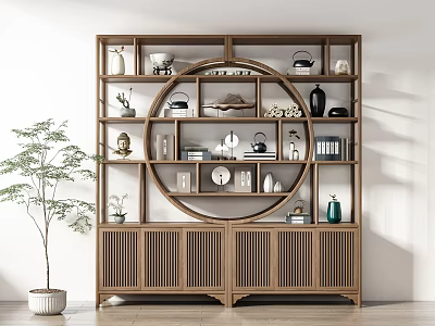 Chinese Style Wooden Antique Shelf Displaying Teapots Vases Books And Decorations With Green Plant 3d model