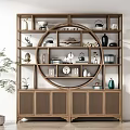 Chinese Style Wooden Antique Shelf Displaying Teapots Vases Books And Decorations With Green Plant