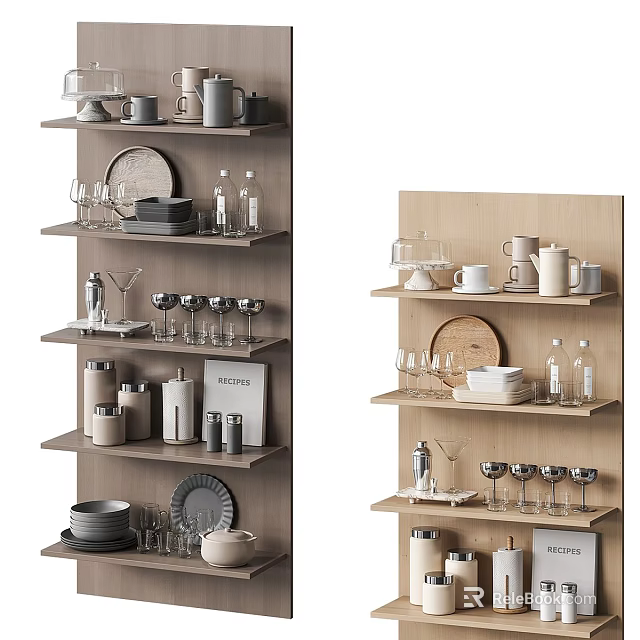 Stylish Dinnerware Set Display on Wooden Shelves with Plates Mugs Glasses Bowls and Bottles 3d model 