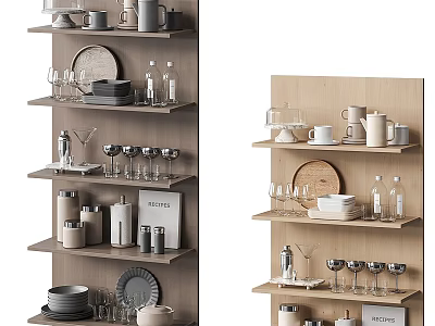 Stylish Dinnerware Set Display on Wooden Shelves with Plates Mugs Glasses Bowls and Bottles 3d model
