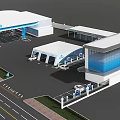 Modern Gas Station Exterior With Blue Canopy Fuel Pumps And Directional Signs