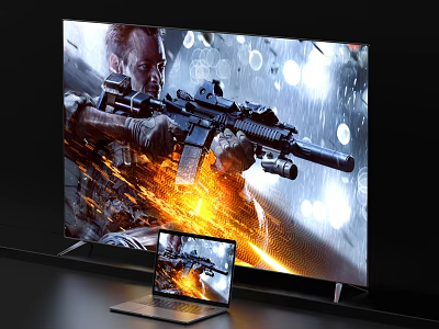 Gaming Laptop Displaying Action Game Next To Large Screen TV Showing Same Game Scenes 3d model