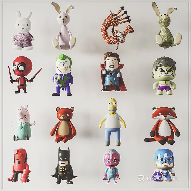Assorted Stuffed Plush Toys Featuring Various Cartoon Superhero And Animal Characters 3d model 