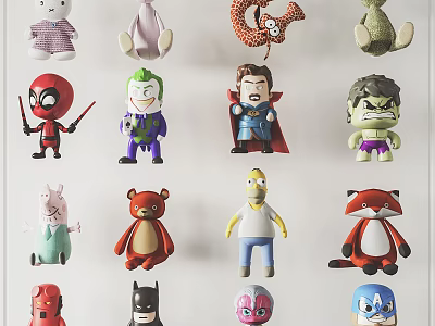 Assorted Stuffed Plush Toys Featuring Various Cartoon Superhero And Animal Characters 3d model