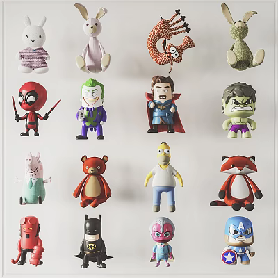 Assorted Stuffed Plush Toys Featuring Various Cartoon Superhero And Animal Characters 3d model